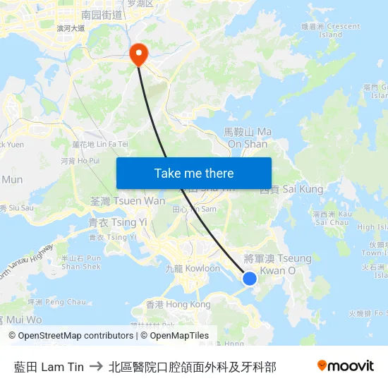 藍田 Lam Tin to 北區醫院口腔頜面外科及牙科部 map