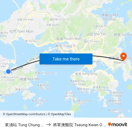 東涌站 Tung Chung Station to 將軍澳醫院 Tseung Kwan O Hospital map
