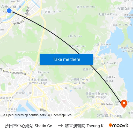 沙田市中心總站 Shatin Central Bus Terminus to 將軍澳醫院 Tseung Kwan O Hospital map