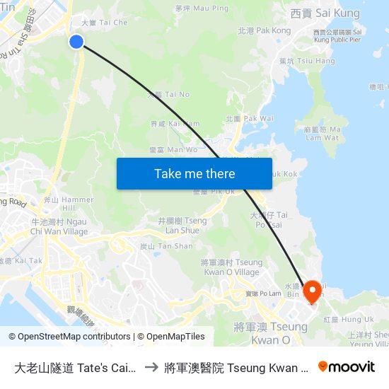 大老山隧道 Tate's Cairn Tunnel to 將軍澳醫院 Tseung Kwan O Hospital map