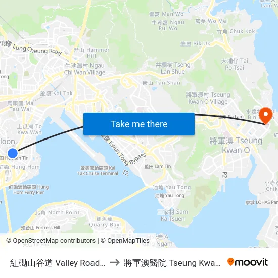 紅磡山谷道 Valley Road Hung Hom to 將軍澳醫院 Tseung Kwan O Hospital map