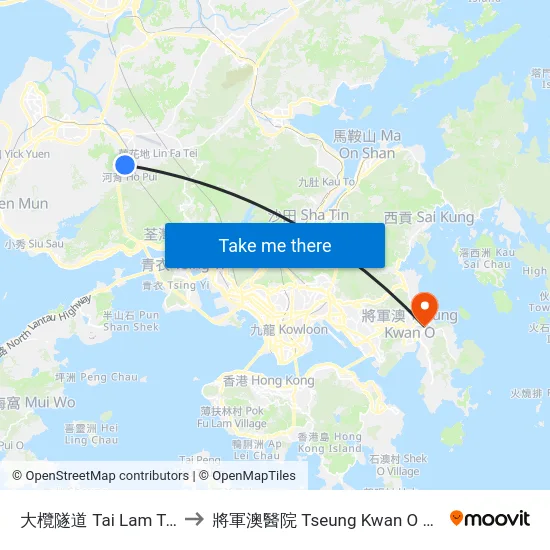 大欖隧道 Tai Lam Tunnel to 將軍澳醫院 Tseung Kwan O Hospital map
