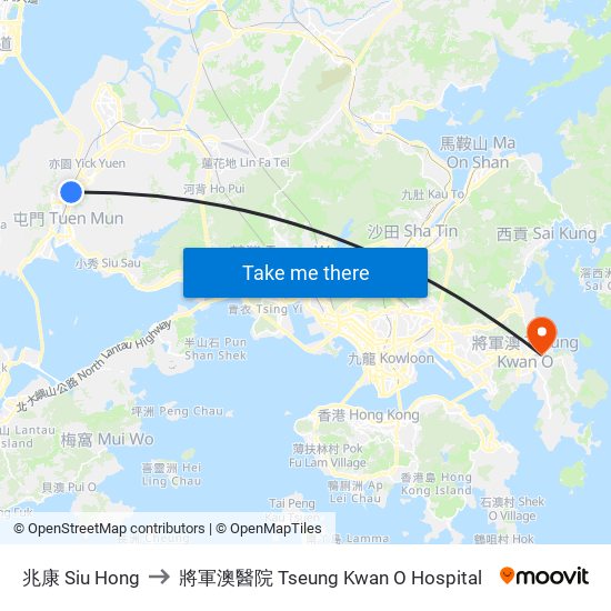 兆康 Siu Hong to 將軍澳醫院 Tseung Kwan O Hospital map