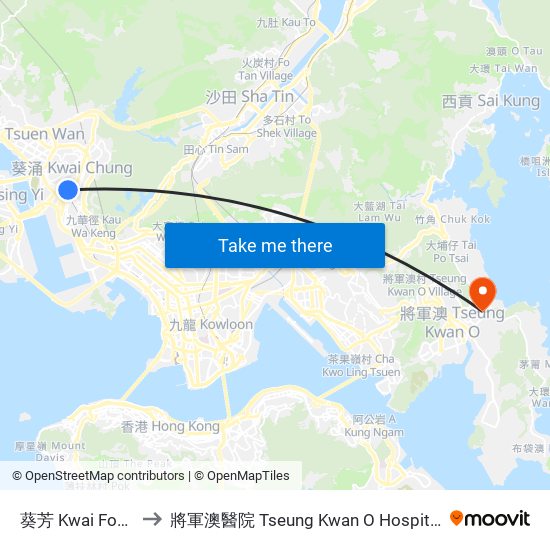 葵芳 Kwai Fong to 將軍澳醫院 Tseung Kwan O Hospital map