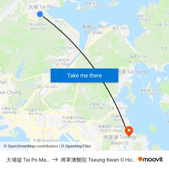 大埔墟 Tai Po Market to 將軍澳醫院 Tseung Kwan O Hospital map
