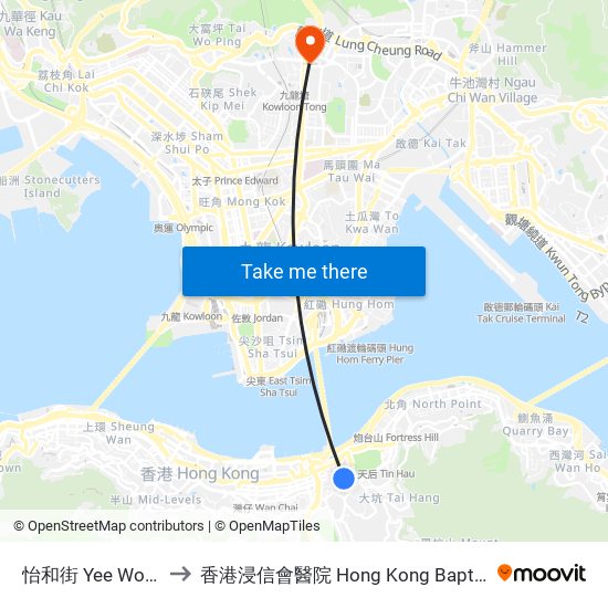 怡和街 Yee Wo Street to 香港浸信會醫院 Hong Kong Baptist Hospital map