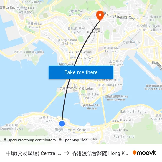中環(交易廣場) Central (Exchange Square) to 香港浸信會醫院 Hong Kong Baptist Hospital map