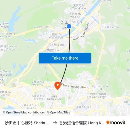沙田市中心總站 Shatin Central Bus Terminus to 香港浸信會醫院 Hong Kong Baptist Hospital map