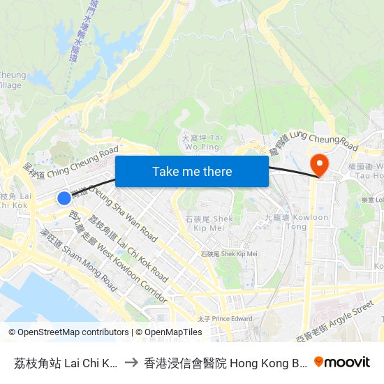 荔枝角站 Lai Chi Kok Station to 香港浸信會醫院 Hong Kong Baptist Hospital map