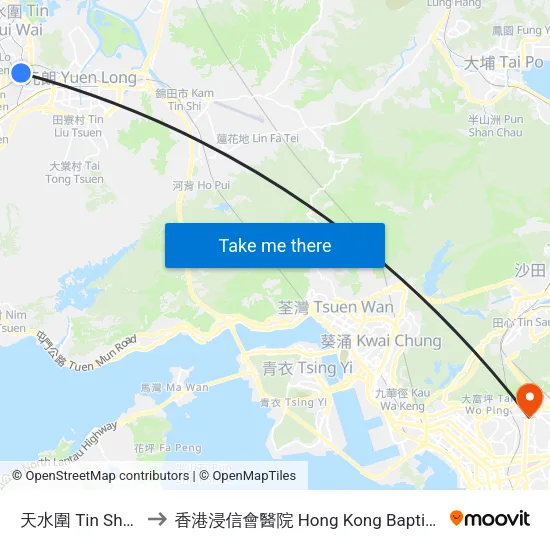 天水圍 Tin Shui Wai to 香港浸信會醫院 Hong Kong Baptist Hospital map