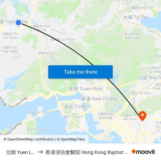 元朗 Yuen Long to 香港浸信會醫院 Hong Kong Baptist Hospital map