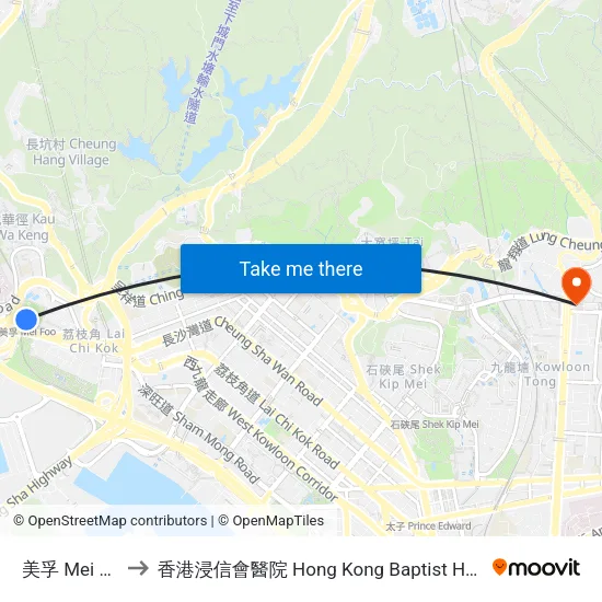美孚 Mei Foo to 香港浸信會醫院 Hong Kong Baptist Hospital map
