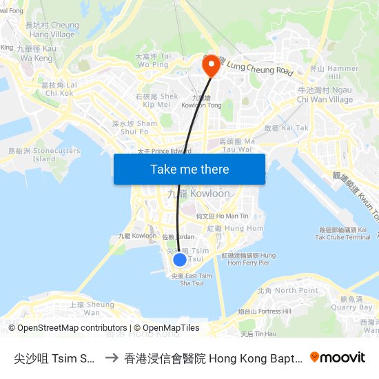 尖沙咀 Tsim Sha Tsui to 香港浸信會醫院 Hong Kong Baptist Hospital map
