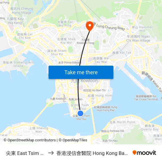 尖東 East Tsim Sha Tsui to 香港浸信會醫院 Hong Kong Baptist Hospital map
