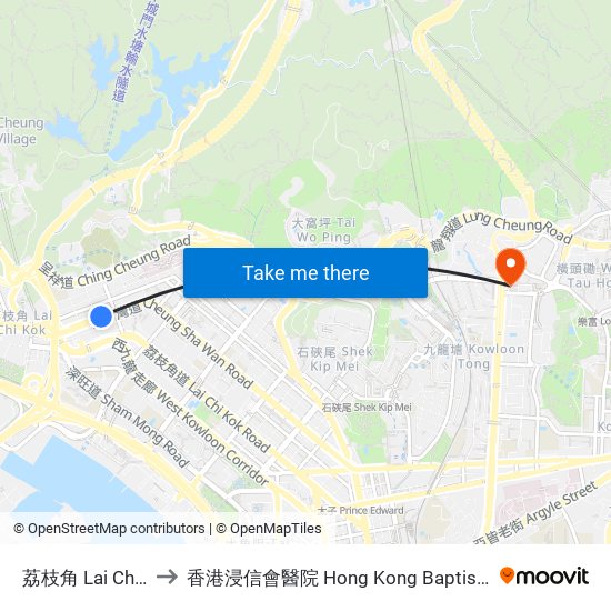 荔枝角 Lai Chi Kok to 香港浸信會醫院 Hong Kong Baptist Hospital map