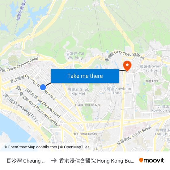 長沙灣 Cheung Sha Wan to 香港浸信會醫院 Hong Kong Baptist Hospital map