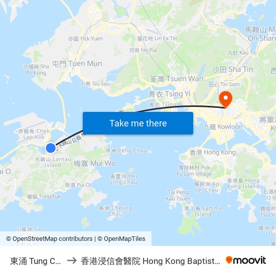 東涌 Tung Chung to 香港浸信會醫院 Hong Kong Baptist Hospital map