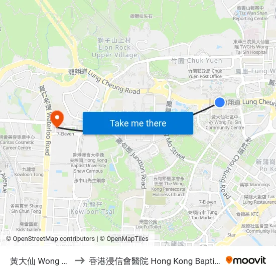 黃大仙 Wong Tai Sin to 香港浸信會醫院 Hong Kong Baptist Hospital map