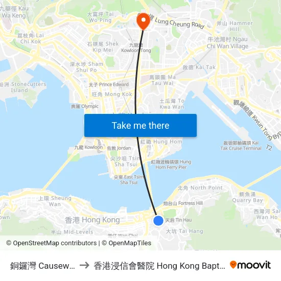 銅鑼灣 Causeway Bay to 香港浸信會醫院 Hong Kong Baptist Hospital map
