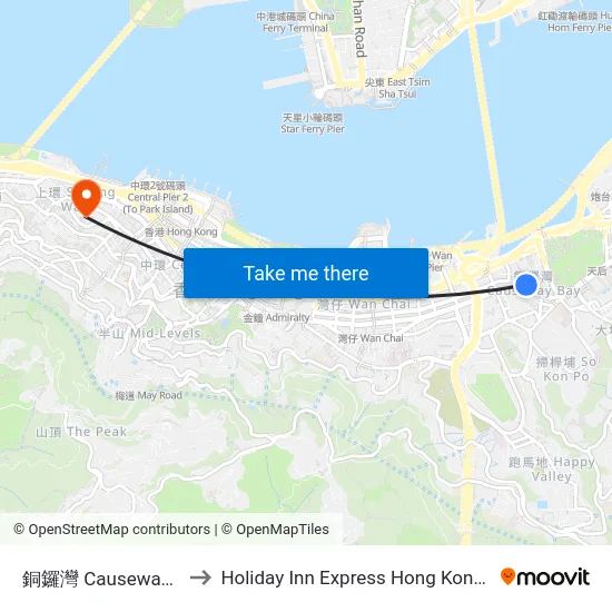 銅鑼灣 Causeway Bay to Holiday Inn Express Hong Kong Soho map