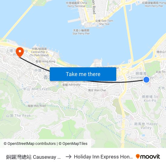 銅鑼灣總站 Causeway Bay Terminus to Holiday Inn Express Hong Kong Soho map