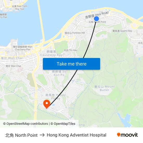 北角 North Point to Hong Kong Adventist Hospital map