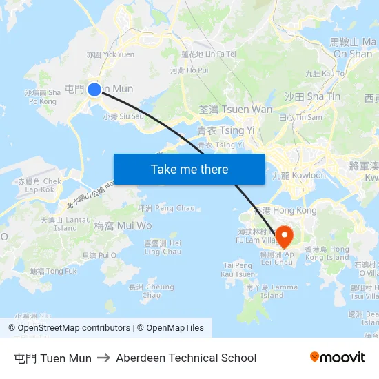 Tuen Mun to Aberdeen Technical School map