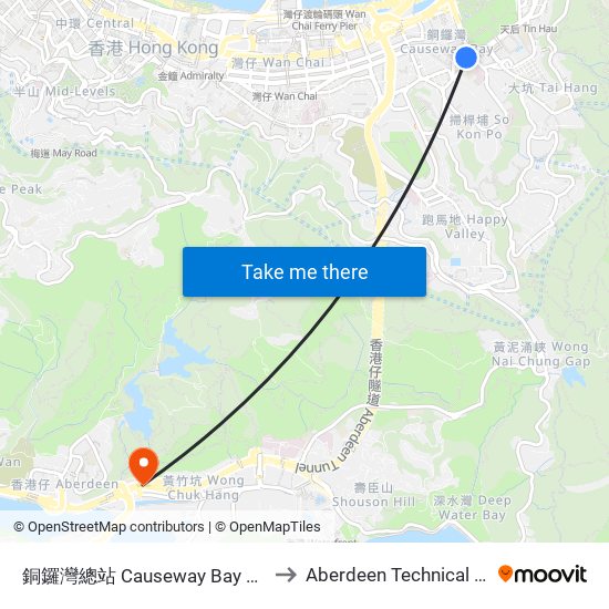 銅鑼灣總站 Causeway Bay Terminus to Aberdeen Technical School map