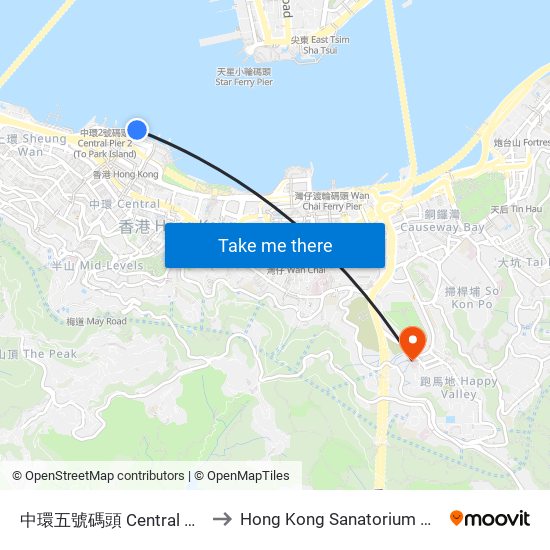 中環五號碼頭 Central Pier No. 5 to Hong Kong Sanatorium & Hospital map