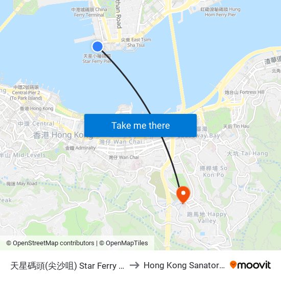 天星碼頭(尖沙咀) Star Ferry Pier (Tsim Sha Tsui) to Hong Kong Sanatorium & Hospital map
