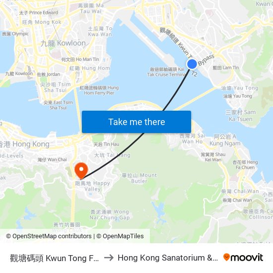 觀塘碼頭 Kwun Tong Ferry Pier to Hong Kong Sanatorium & Hospital map