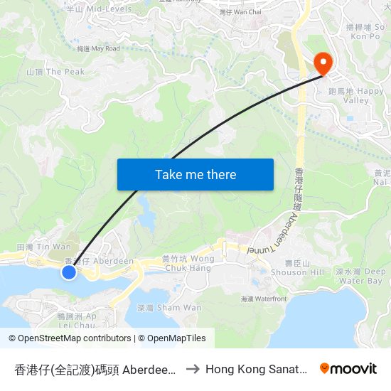 香港仔(全記渡)碼頭 Aberdeen Pier (Chuen Kee Ferry) to Hong Kong Sanatorium & Hospital map
