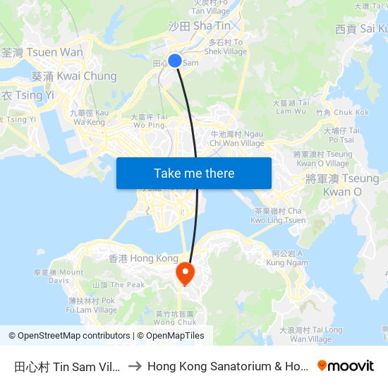 田心村 Tin Sam Village to Hong Kong Sanatorium & Hospital map