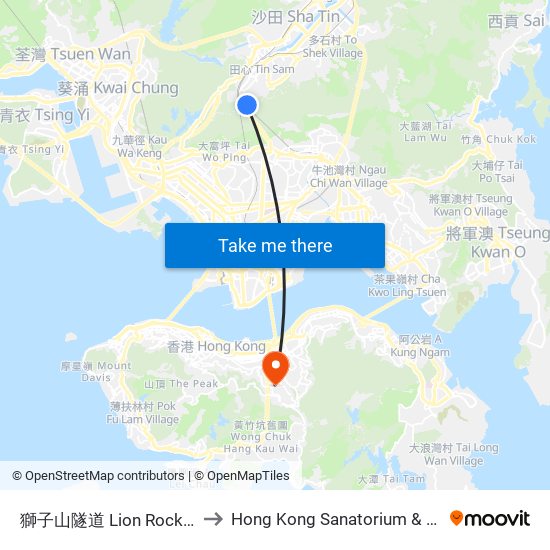 獅子山隧道 Lion Rock Tunnel to Hong Kong Sanatorium & Hospital map