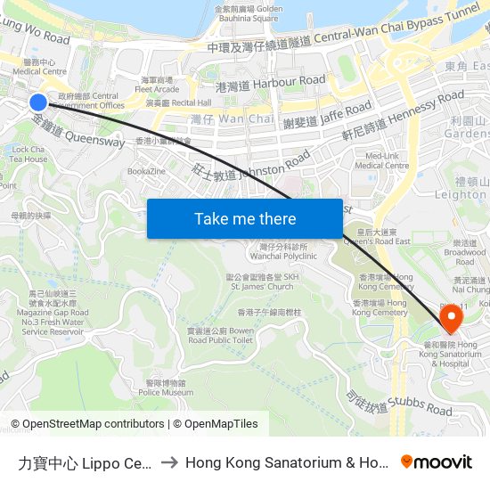 力寶中心 Lippo Centre to Hong Kong Sanatorium & Hospital map