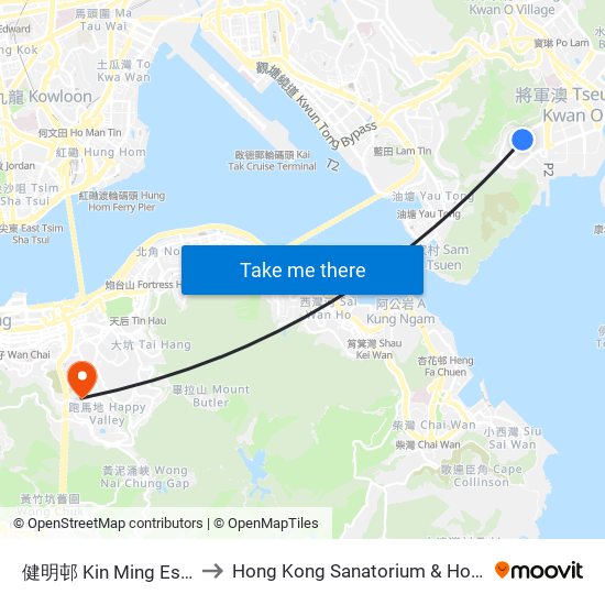 健明邨 Kin Ming Estate to Hong Kong Sanatorium & Hospital map