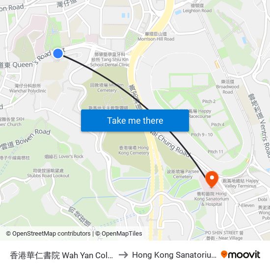 香港華仁書院 Wah Yan College Hong Kong to Hong Kong Sanatorium & Hospital map