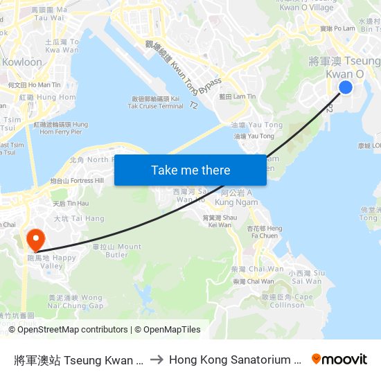 將軍澳站 Tseung Kwan O Station to Hong Kong Sanatorium & Hospital map