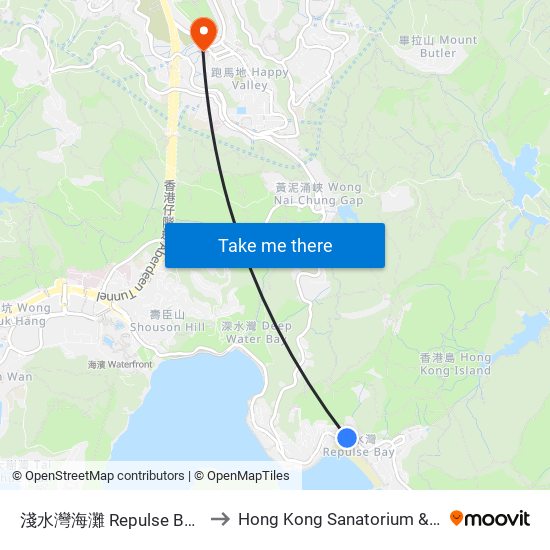 淺水灣海灘 Repulse Bay Beach to Hong Kong Sanatorium & Hospital map