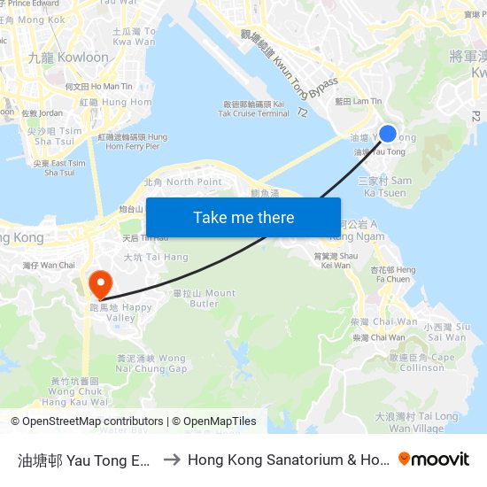 油塘邨 Yau Tong Estate to Hong Kong Sanatorium & Hospital map