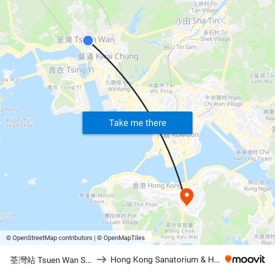 荃灣站 Tsuen Wan Station to Hong Kong Sanatorium & Hospital map