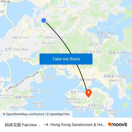 錦綉花園 Fairview Park to Hong Kong Sanatorium & Hospital map