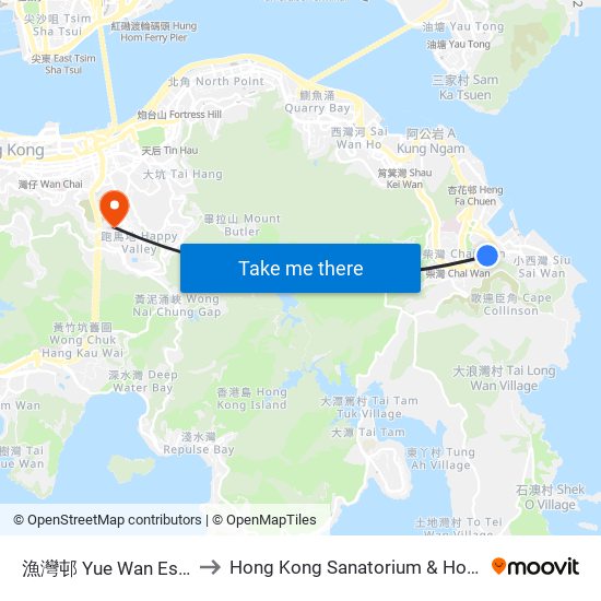 漁灣邨 Yue Wan Estate to Hong Kong Sanatorium & Hospital map
