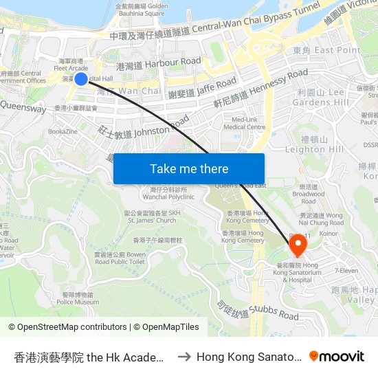 香港演藝學院 the Hk Academy For Performing Arts to Hong Kong Sanatorium & Hospital map