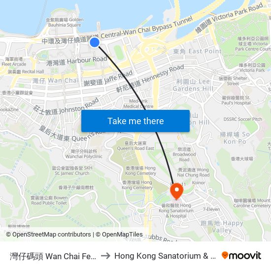 灣仔碼頭 Wan Chai Ferry Pier to Hong Kong Sanatorium & Hospital map