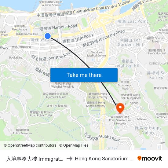 入境事務大樓 Immigration Tower to Hong Kong Sanatorium & Hospital map