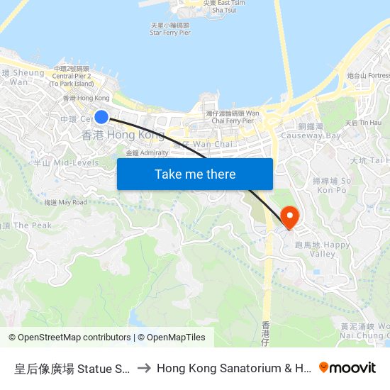 皇后像廣場 Statue Square to Hong Kong Sanatorium & Hospital map