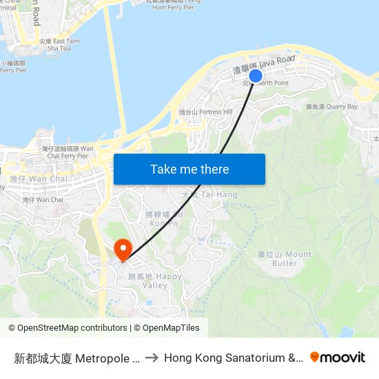 新都城大廈 Metropole Building to Hong Kong Sanatorium & Hospital map