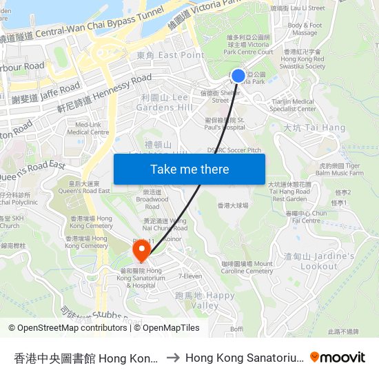 香港中央圖書館 Hong Kong Central Library to Hong Kong Sanatorium & Hospital map