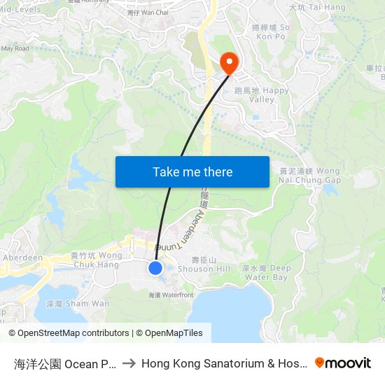 海洋公園 Ocean Park to Hong Kong Sanatorium & Hospital map